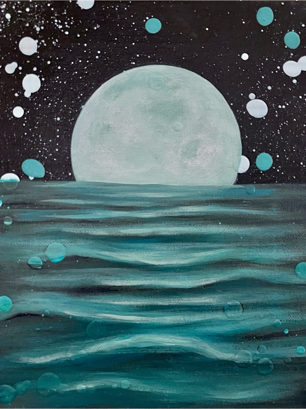 Teal Moonlit Ocean Canvas Wall Art. Painting by Jahde Art. 8”x10”